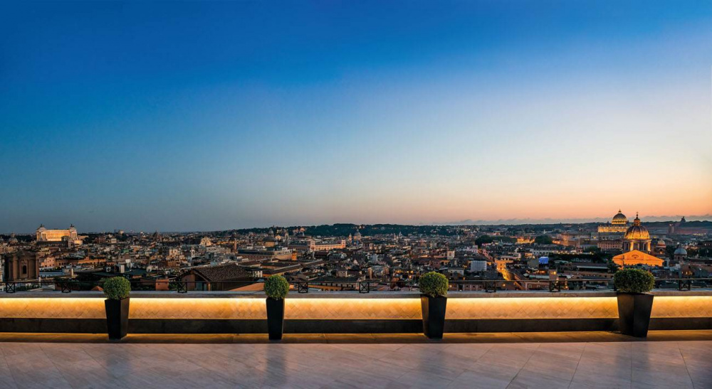 Spectacular night view over Rome's main monuments from the amazing suite of wedding hotel