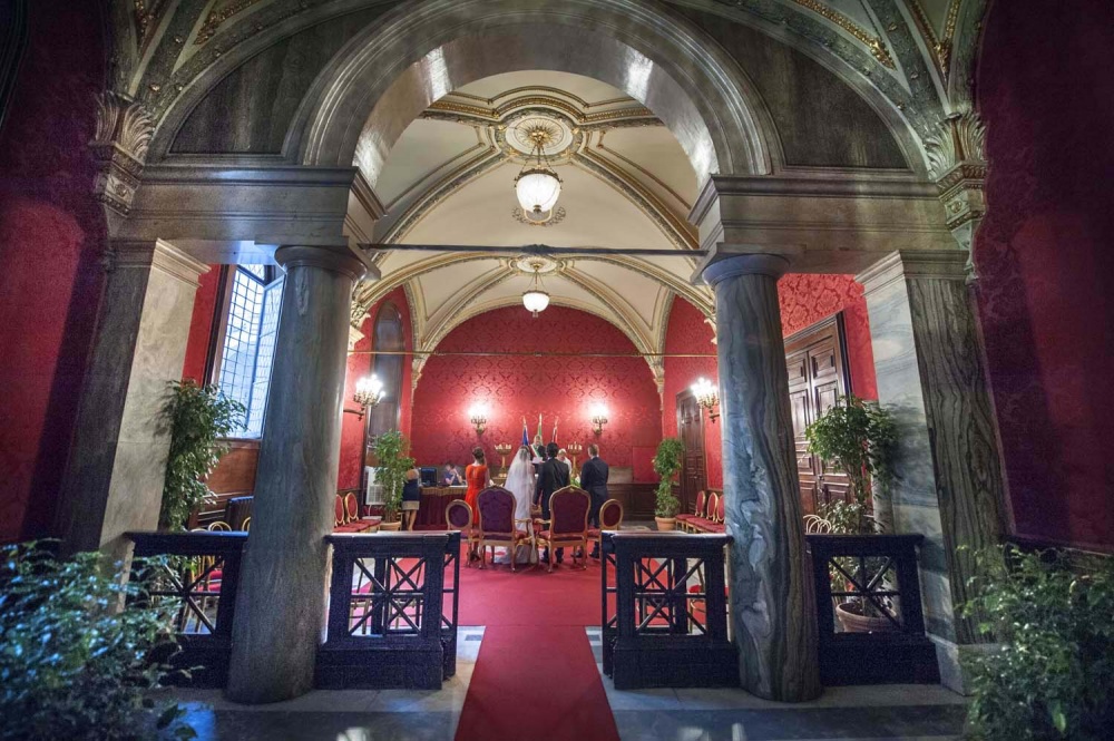 View of the Red Hall with columns at the entrance