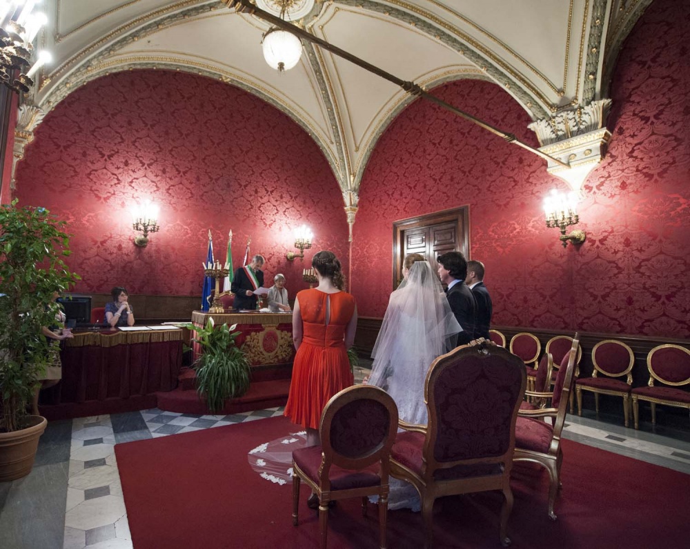 View of the Red Hall in Campidoglio in Rome during the wedding legal ceremony