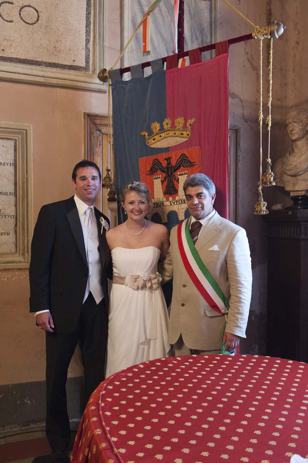 Bride, groom and the Mayor after the ceremony in Tivoli, Rome