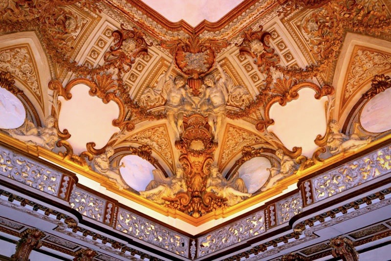 A detail of the beautiful ceiling frescoes in one of the elegant wedding halls in Rome