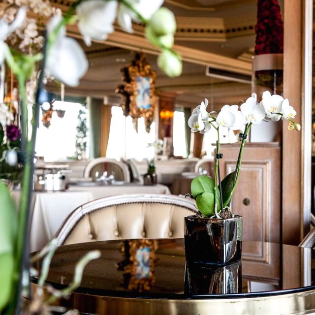 detail of a centerpiece in main dining room for weddings with beautiful white orchids in Rome