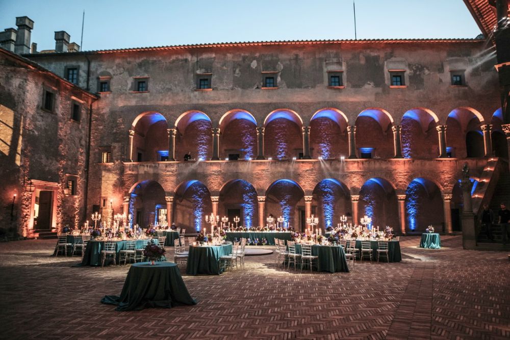 Elegant table set up for weddings at a castle in Rome