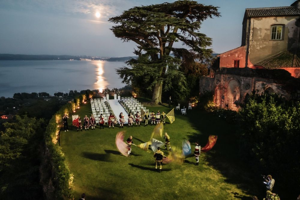 Flag throwers at wedding castle in Rome