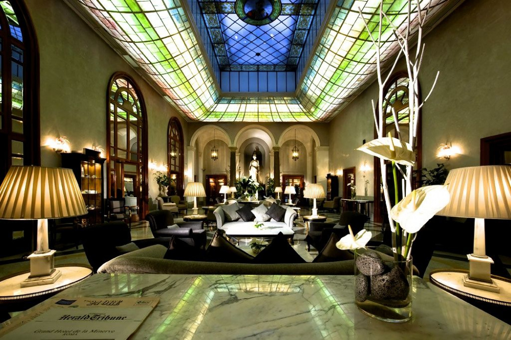 Luxury wedding hotel lobby fine and stylish decors liberty style coloured stained glass roof window