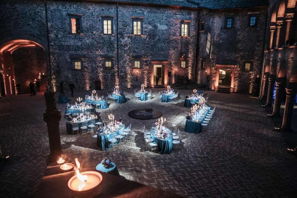 night view of the table set up at wedding castle in Rome