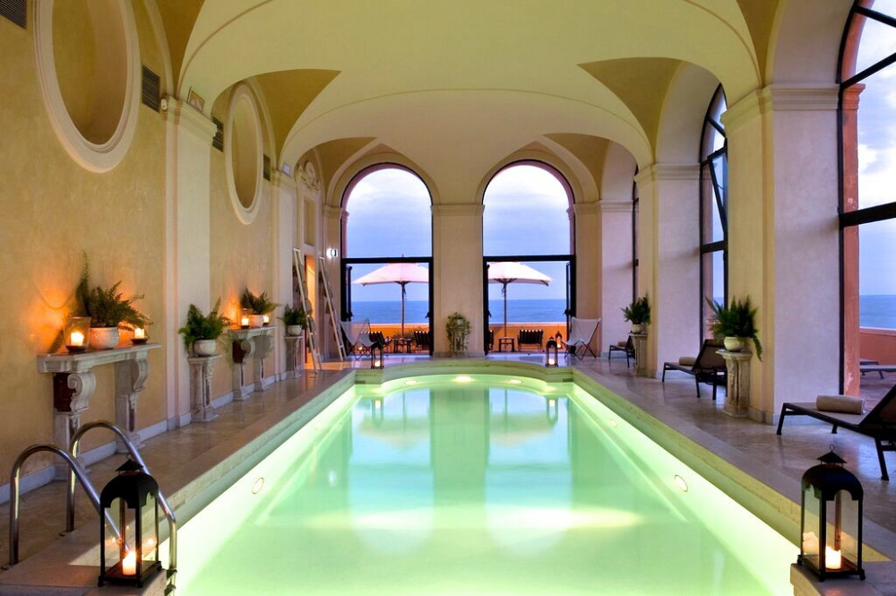 beautiful indoor swimming pool with sea view for some relax before wedding