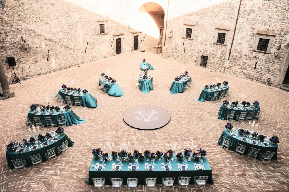 View of dinner tables at wedding castle in Rome