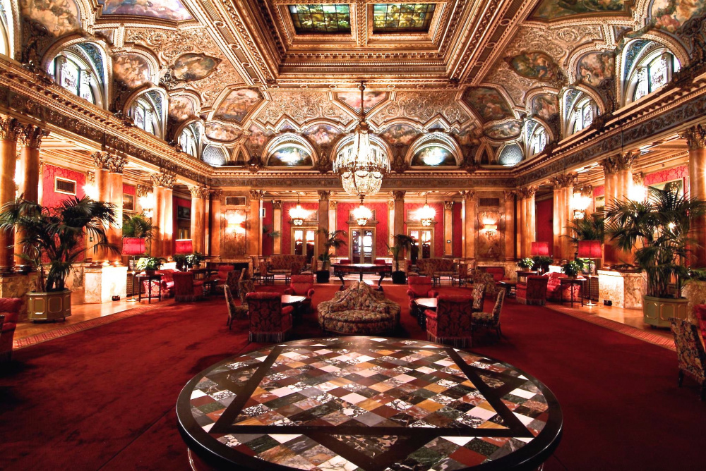 Sumptuous grand Ballroom for weddings frescoed ceilings crystal chandeliers huge red carpet